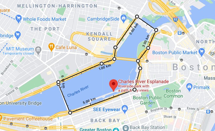 map running route along Charles River Esplanade in Boston